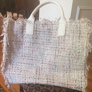 Cream and Pink Tweed Tote Bag with Frayed Edges